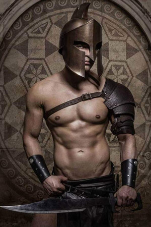 male stripper dressed as a spartan warrior straight out of the 300 movie in the point chevalier area